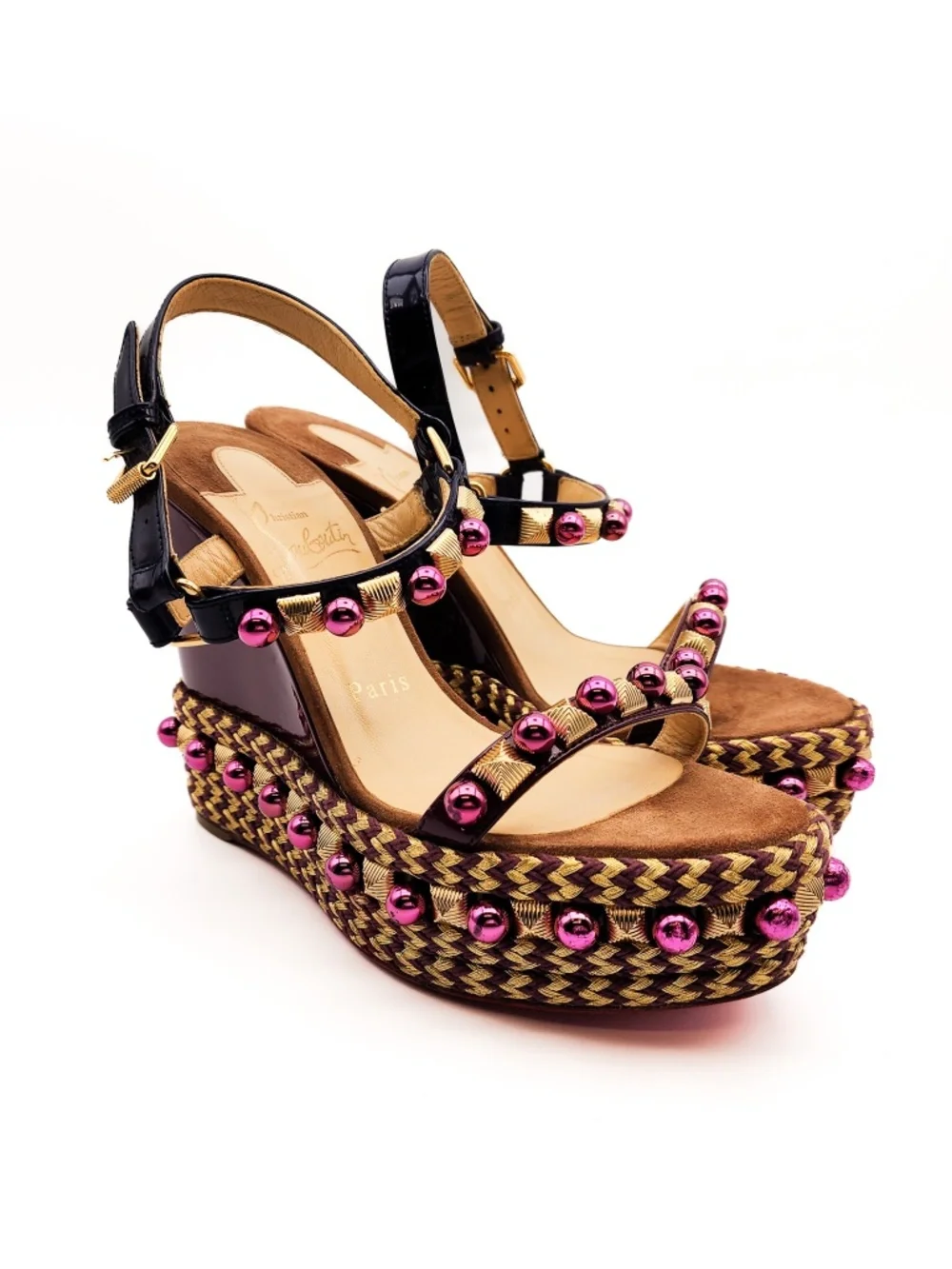 Christian Louboutin Burgundy Brown Studded Wedge Platform Sandals EU 37